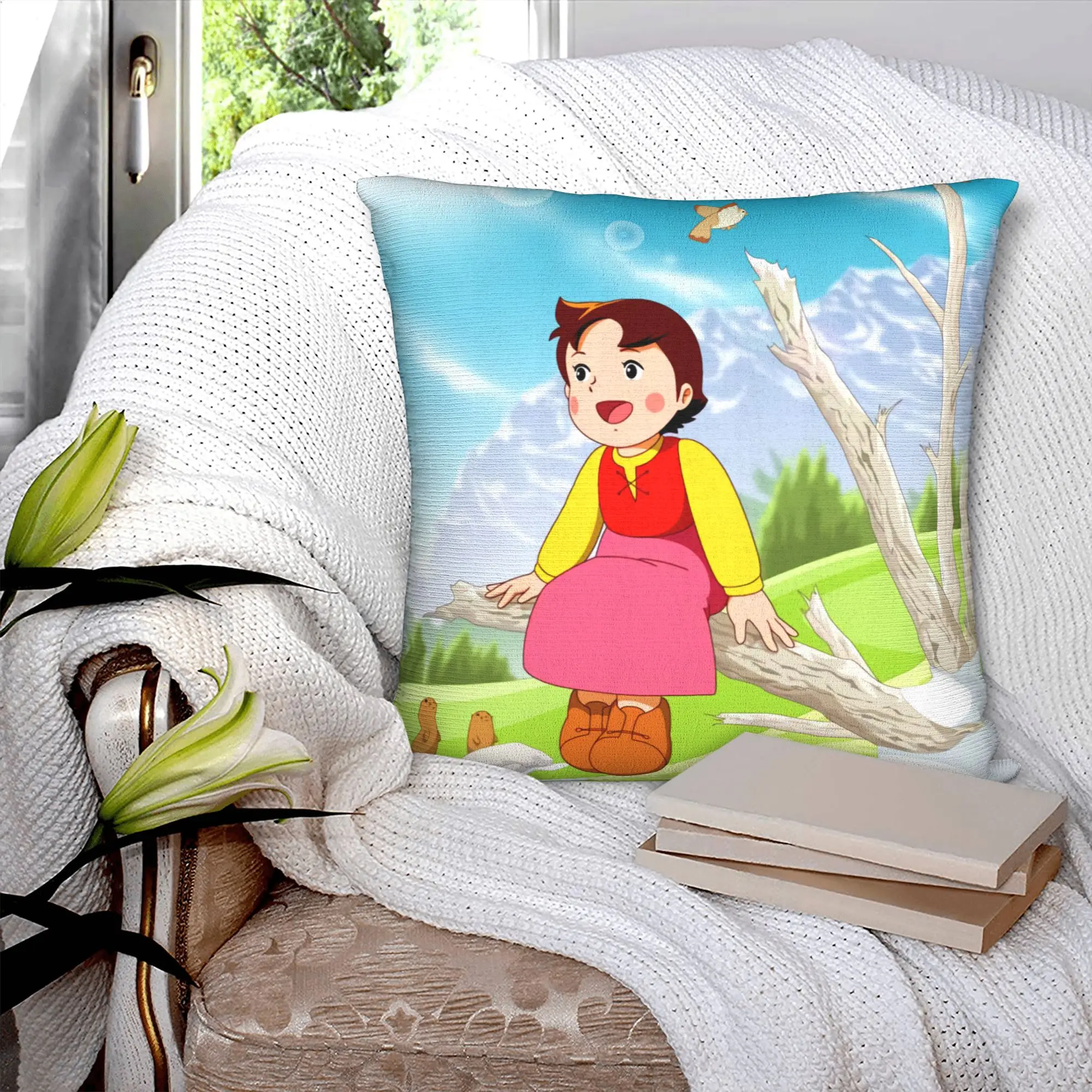 Kawaii Heidi On The Tree Pillow Case 45x45cm Sofa Anime Cartoon Alps Mountain Girl Nordic Cushion Cover Square Pillowcase