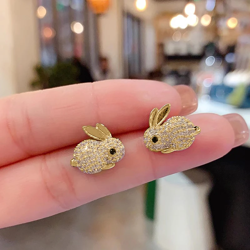Huitan Cute Rabbit Stud Earrings for Bling Bling Crystal CZ