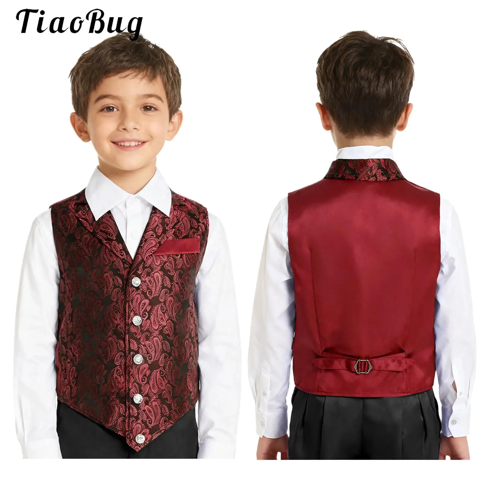 

Kids Boys Classic Paisley Formal Vests Dress Suit Satin Back Gentlemen Waistcoat Blazer Jacquard Wedding Pageant Party Outerwear