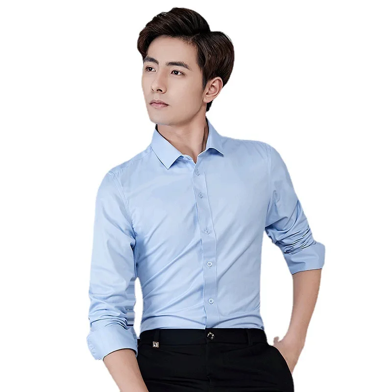 Men's long-sleeved shirt Korean style slim-fit solid color shirt