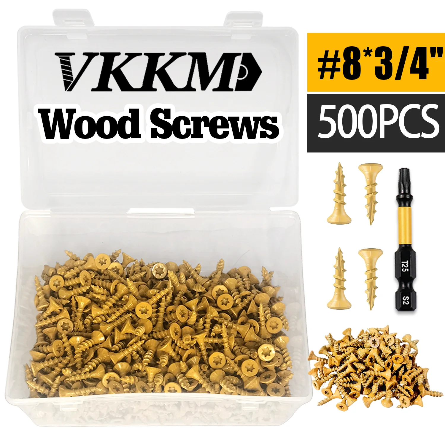 

VKKM Deck Screws 3/4 Inch, Wood Screws #8 x 3/4", 500 PCS, Rust Resistant Coated, T25 Screws, T25 Star Bit Included, Tan