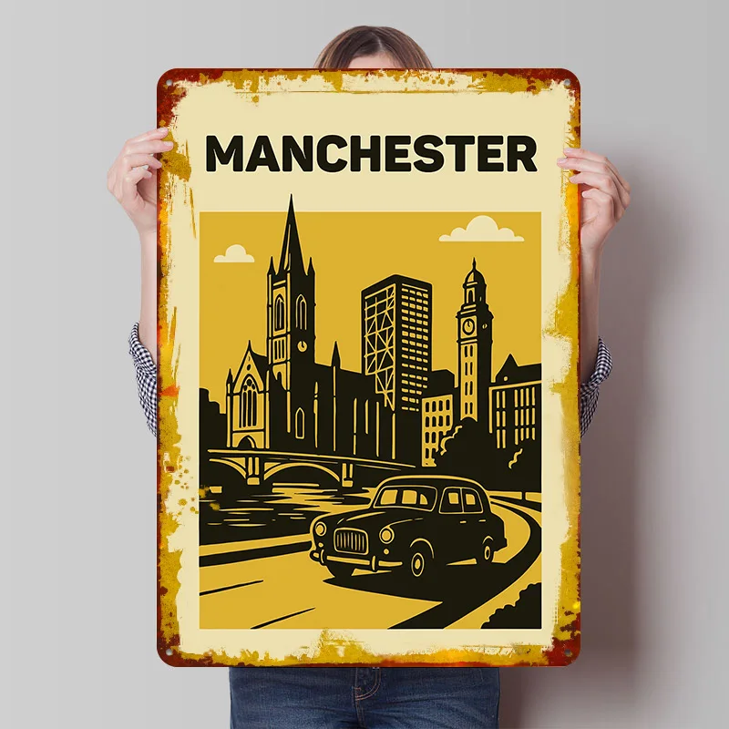 Manchester Cityscape mit Auto Blechposter Individuelle Wandkunst Vintage Metallschilder Retro Blechplakette für Moderne Heimdekoration