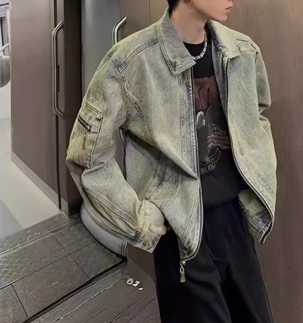 

Custom New Vintage Washed Denim Bomber Jacket Zip Collar Light Windproof Fabric Casual Style