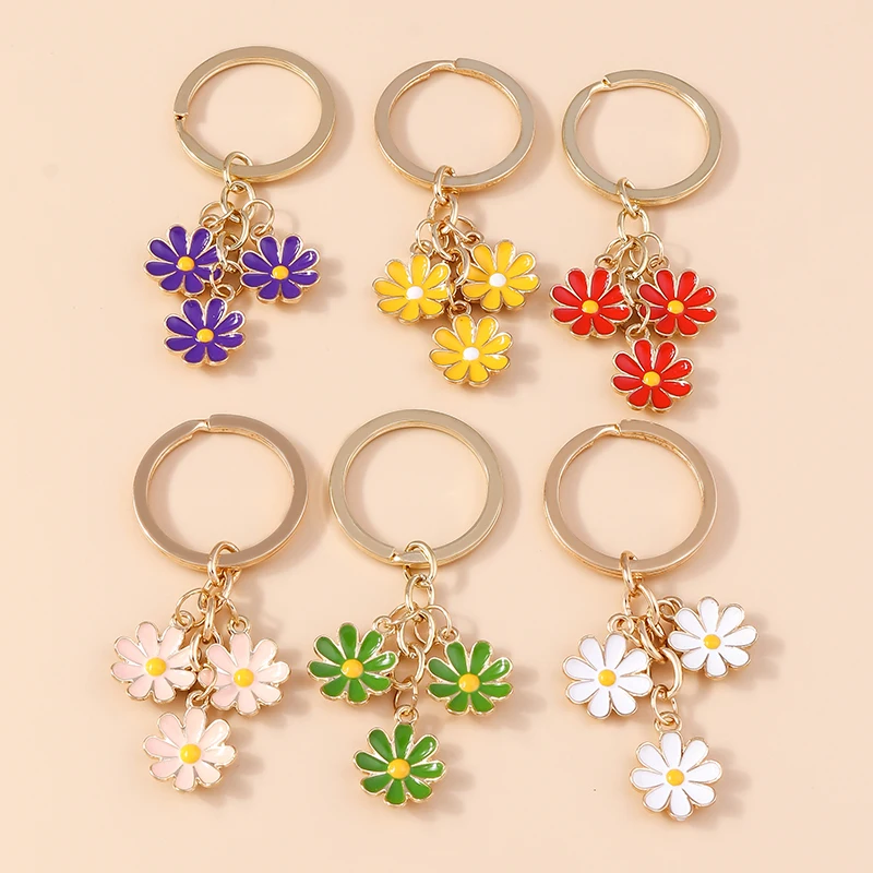 Cute Enamel Flower Keychain Charms for Women Girls Keyring Pendatns Handbag Decor DIY Key Chain Jewelry Accessories