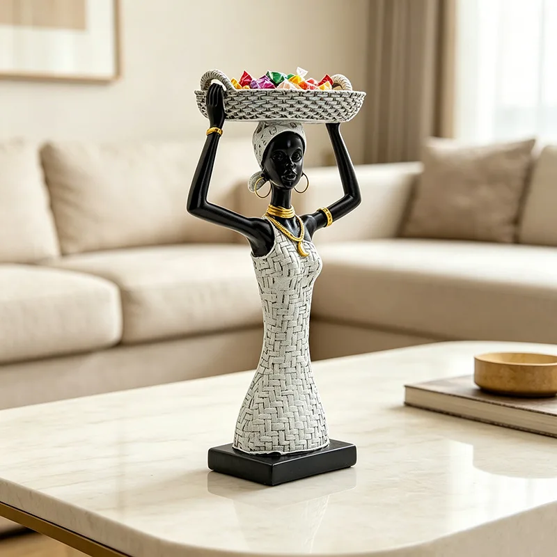 New African‑Style Young Girl Resin Figurine With Raised Tray, Jewelry & Key Storage Holder, Exotic Ethnic Desktop Ornament, Home