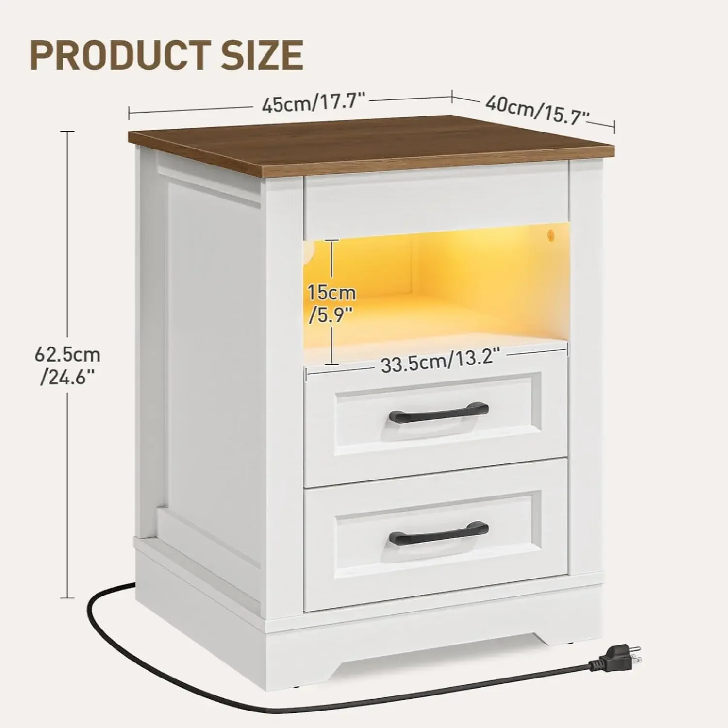 Farmhouse Nightstand with Gun Drawer, Bedside Table with Charging Station and LED Light, Night Stand with 3 Drawers, End Table f