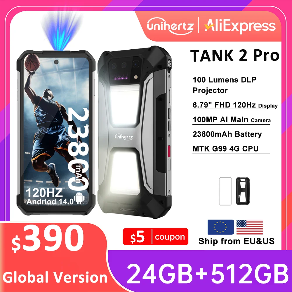 US MX Warehouse Unihertz 8849 Tank 2 PRO Rugged Smartphone with Projector, Android 14，24 + 256GB 23800mAh battery,120W charger