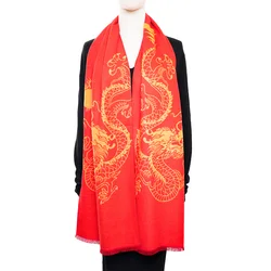 A big red chinese dragon pashmina warm short beard unisex scarf shawl suitable for daily wear and decoration holiday gifts