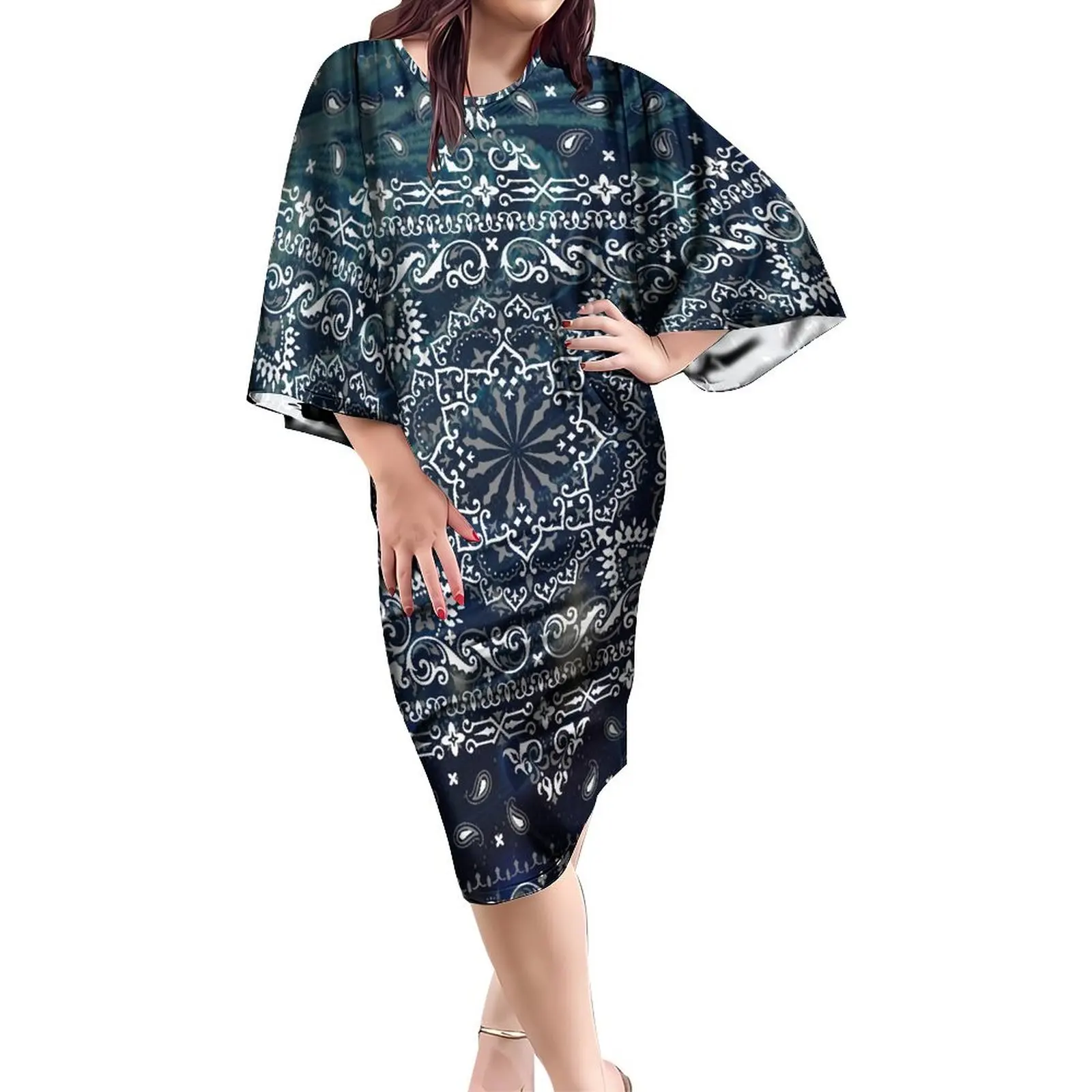 New Summer Custom Bandanas Women'S Dress Hawaiian Crew Neck Slim-Fit Dress Elegant Butterfly Sleeves Party Style Midi Dress