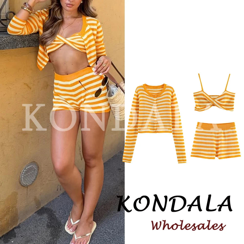 KONDALA Summer Knit Yellow Y2K Striped Woman Suit Sheath Cardigans+ Mini Sexy Vest+Elastic Waist Shorts Fashion 2026 Modern Set