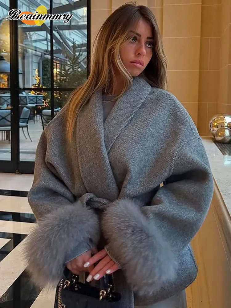 

Women's Elegant Lace Up Woolen Coat Solid Loose Lapel Furry Belt Long Sleeve Jacket Female 2025 Autumn Winter Lady Chic Cardigan