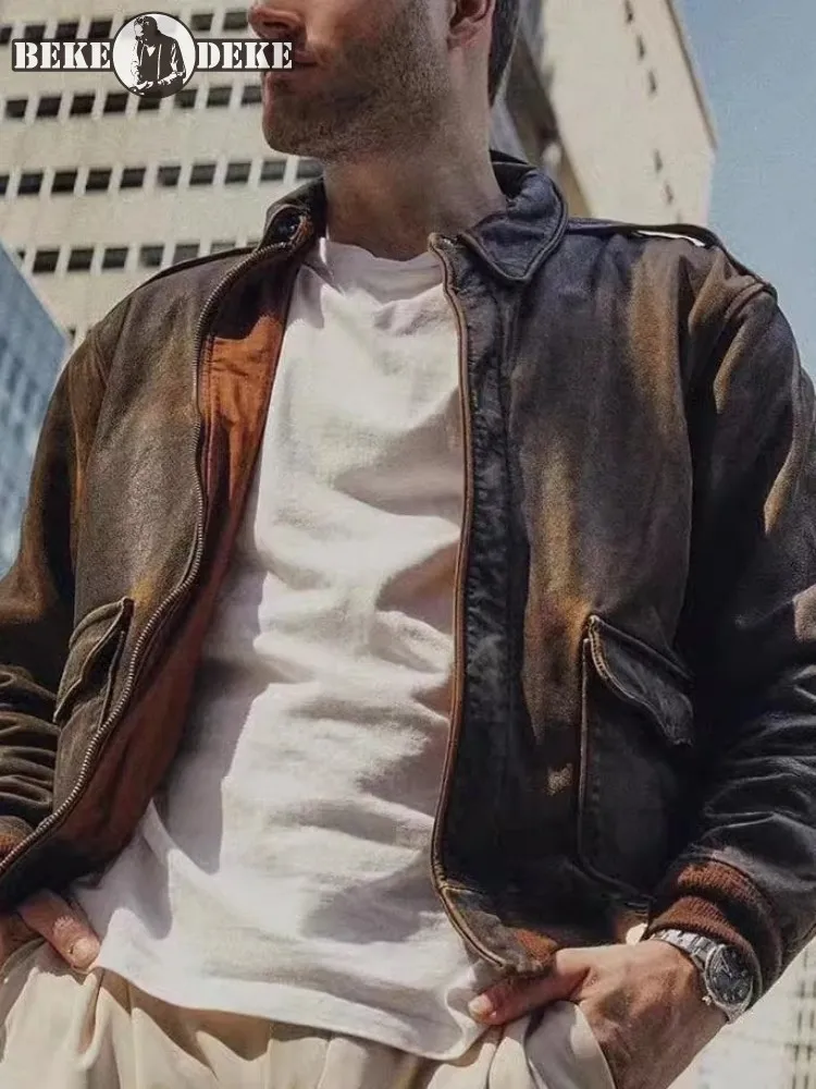 

Vintage Design Mens Cowskin Genuine Leather Jacket Handmade Distressed Motorcycle Short Coat Lapel Spring Casual Pilot Jackets