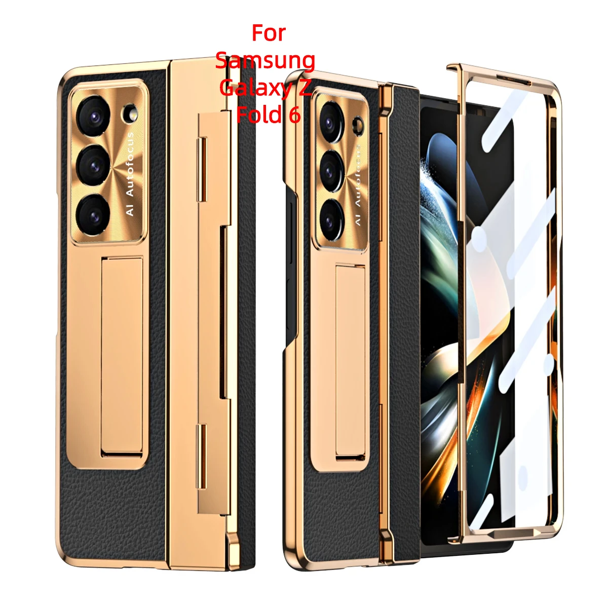 

Flattening Hinge Plain Leather Stand Case For Samsung Galaxy Z Fold 6 5 4 3 With Tempered Glass Protective Cover For Fold5 Fold6