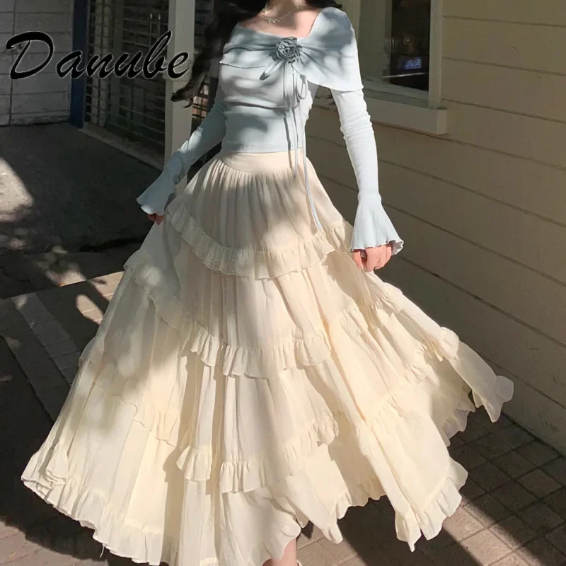 Vintage Patchwork Ruffle Long Skirt Women Gothic Lolita Fairy Princess Party Skirt  Japanese Mori Kawaii High Waist A Line Skirt