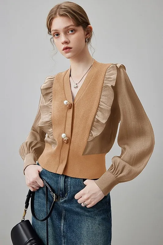 

Ladies Knit Cardigan V Neck Ruffle Trim Oversized Cropped Casual Tops​