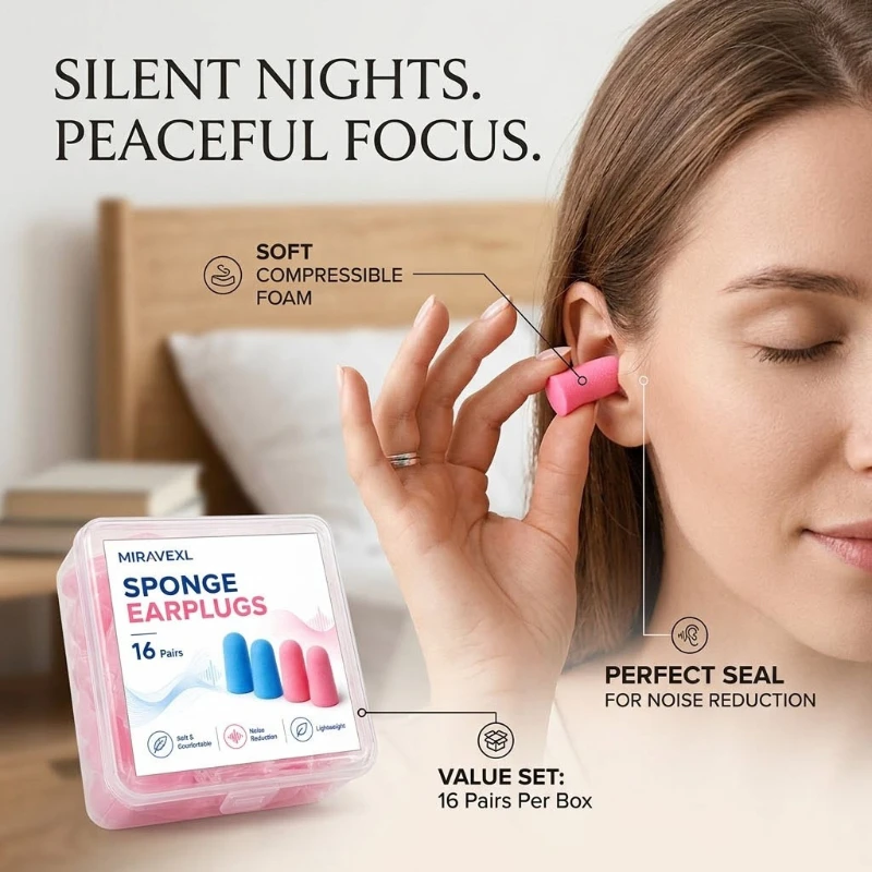 Soft Foam Earplugs 16 Pairs, Noise Reduction for Sleeping Snoring Studying Travel Concerts, Individually Wrapped Comfortable