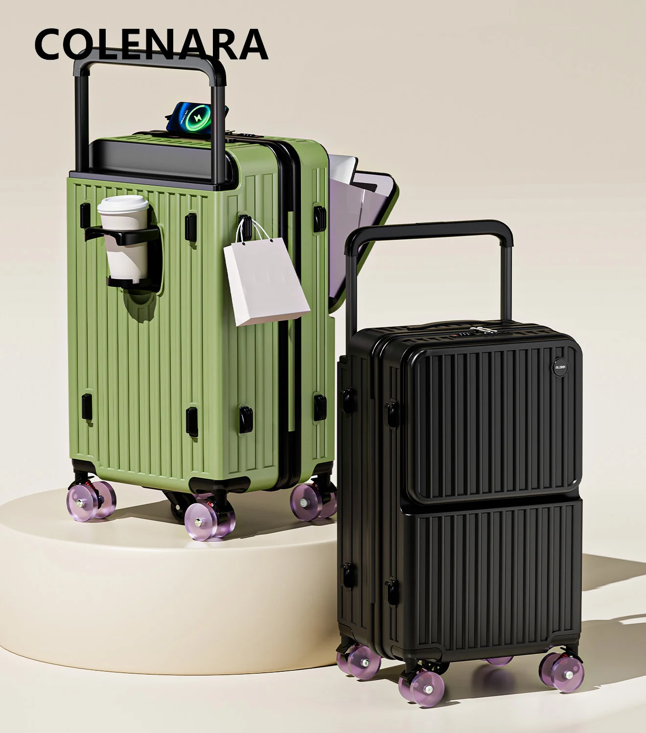 COLENARA Cabin Suitcase Front Opening Laptop Boarding Case USB Charging Multifunctional Trolley Case 20