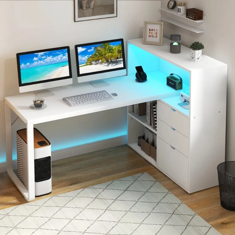 

L Shaped Desk with Power Outlets & LED Lights, Computer Desk with 3 Drawers and 3 Storage Shelves, White,Home Office