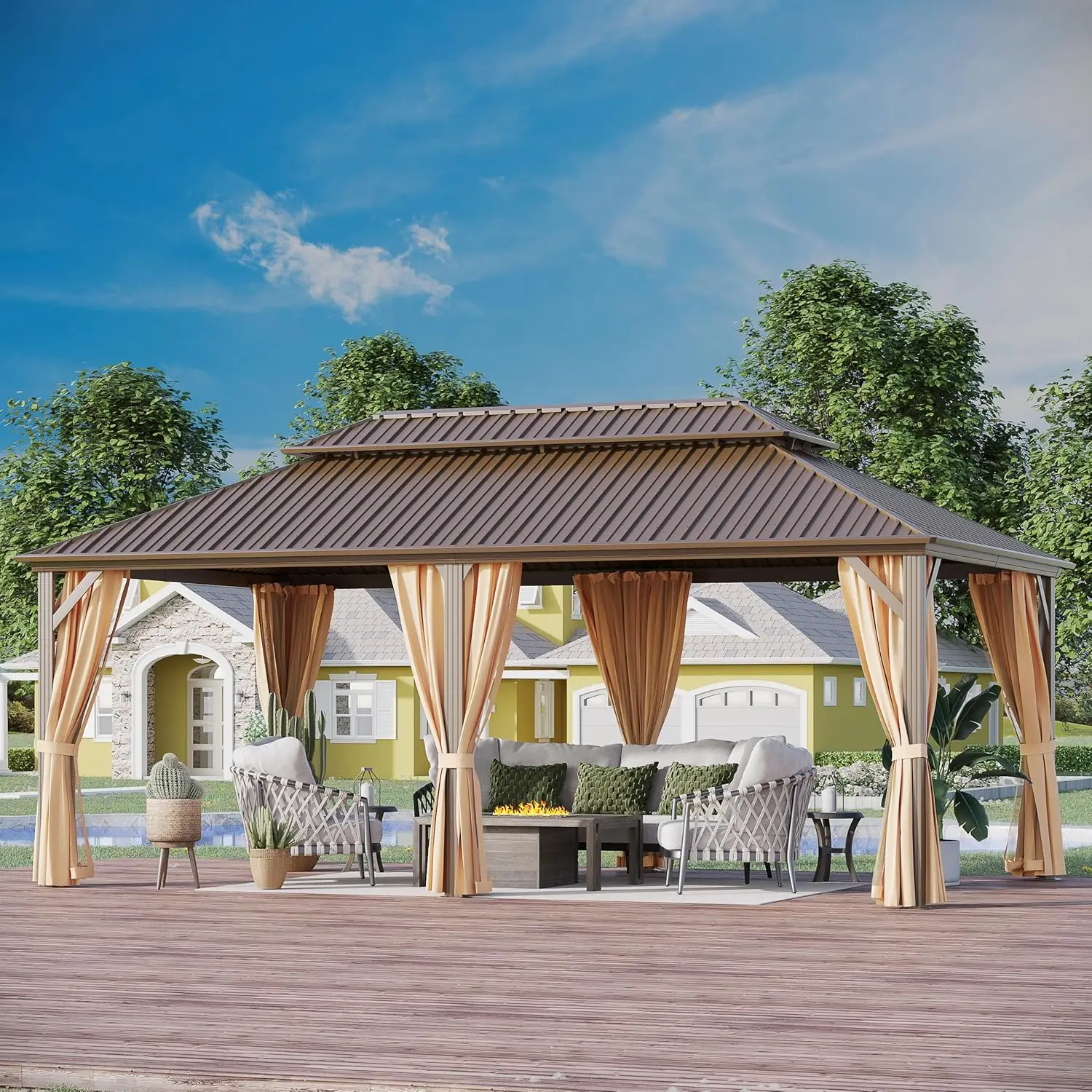 12'x20' Hardtop Gazebo,Double Roof Galvanized Steel Canopy with Netting and Curtains, Outdoor Aluminum Patio Gazebo