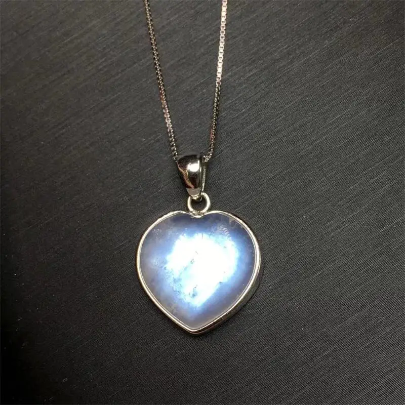 

S925 Natural Blue Moon Stone Heart Pendant DIY Necklace Fashion Healing Jewelry Gemstone Crystal Holiday Gift 1PCS