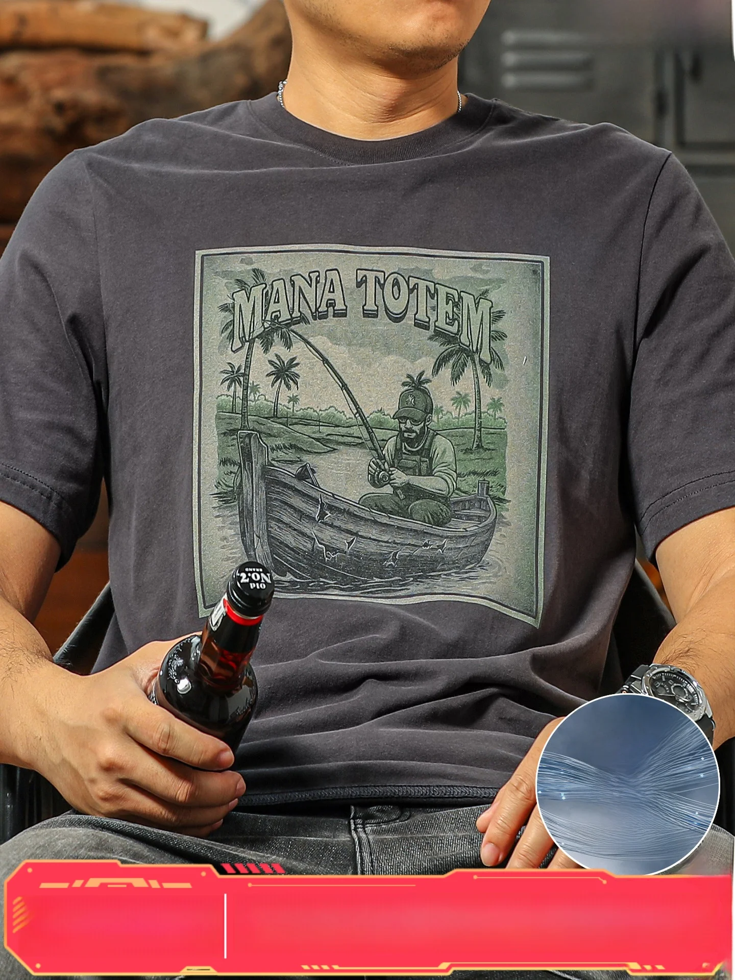 レトロ風ブラッシュドコットンtシャツ-メンズ-半袖-丸首-アメリカンスタイル-フィッシングプリント-カジュアル-夏服-アーバンウェア