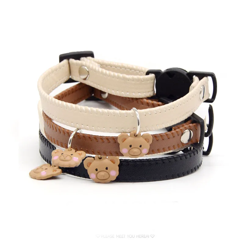 1 قطعة جلدية لطيف قابل للتعديل طوق الحيوانات الأليفة مع علامة الدب كلب القط الرصاص الدائري الحيوانات الأليفة اكسسوارات هريرة جرو مكافحة فقدان مشبك أمان #1