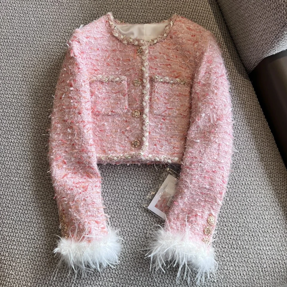 

2024 Spring Luxury Fashion Women High Quality Pink Tweed Jacket Coat With Feathers for Ladies