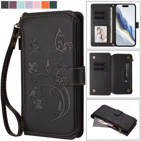 Faux Leather Flip Phone Case For iPhone Samsung Galaxy S25 Ultra S24 FE S23 Plus S22 S21 S20 A17 Zipper Wallet Card Holder Cover