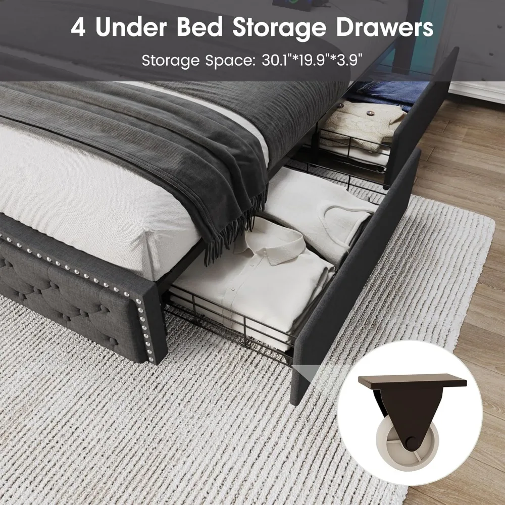 إطار سرير Vabches مقاس كوين LED مع أدراج تخزين ومحطة شحن، إطار سرير بمنصة منجدة مع رأس مجنح