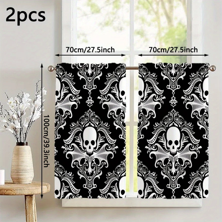  Gothic Skull Halloween Kitchen Curtains with Bat Wing Damask Pattern, Black White Baroque Spooky Style for Halloween