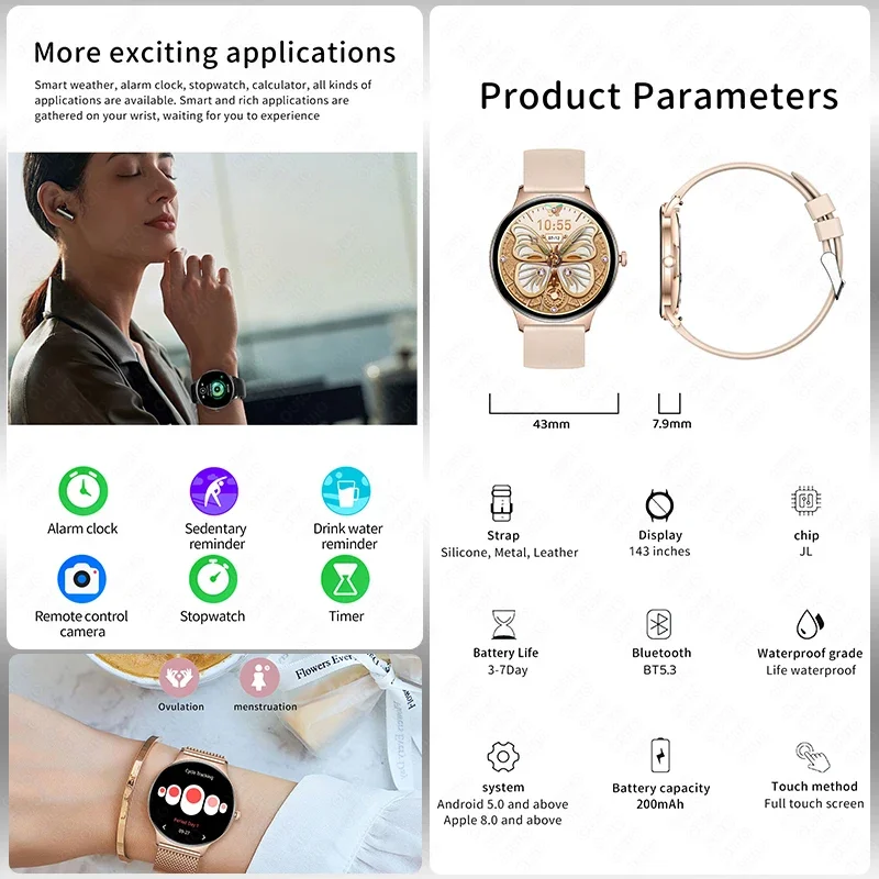 HD Stylish High-end Women Smart Watch 1.43" HD Screen 7.9 Ultra-thin  Bluetooth Call Sleep Monitoring 100+Sport Mode Smart Watch