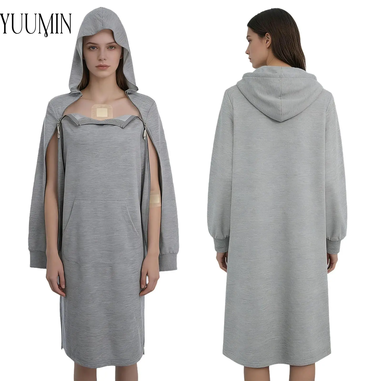 

Женская адаптивная одежда для восстановления после операций: платье с капюшоном, длинными рукавами на молнии и карманом для дома, повседневной носки и больницы