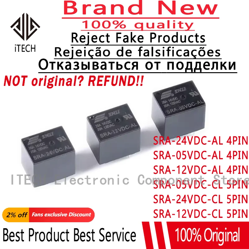 5Pcs Original New SRA-05VDC-AL SRA-12VDC-AL SRA-24VDC-AL -CL 20A 4Pin 5Pin 5V 12V 24V Automobile Relay