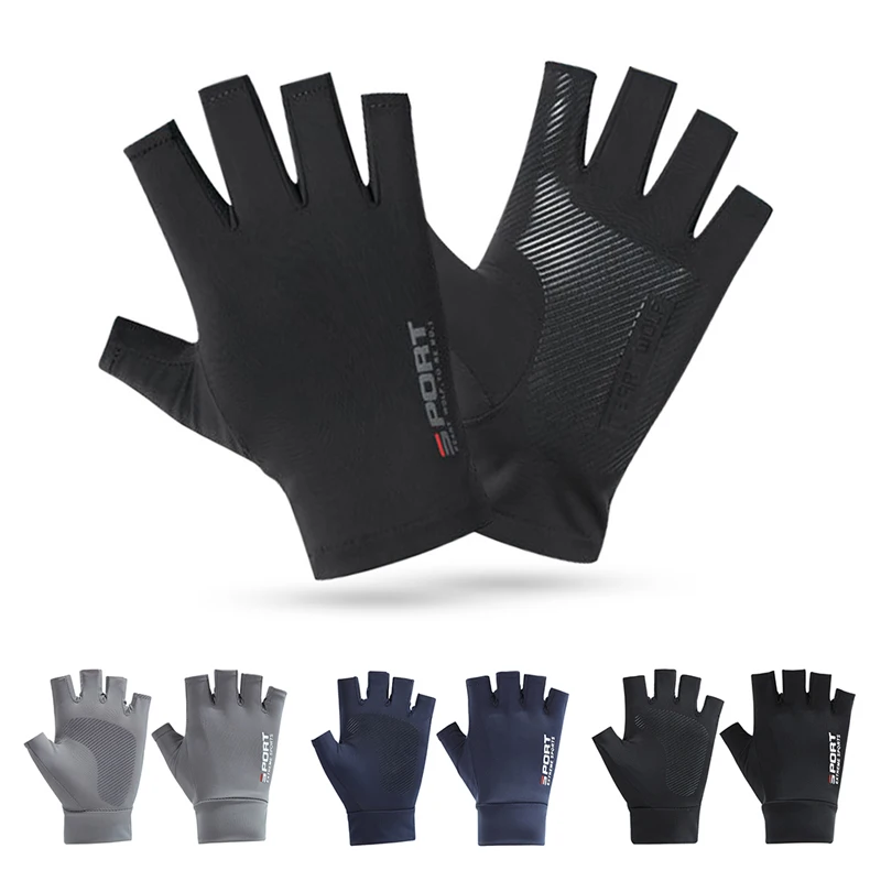 Guantes de medio dedo transpirables de seda de hielo, antideslizantes, para pantalla táctil de bicicleta