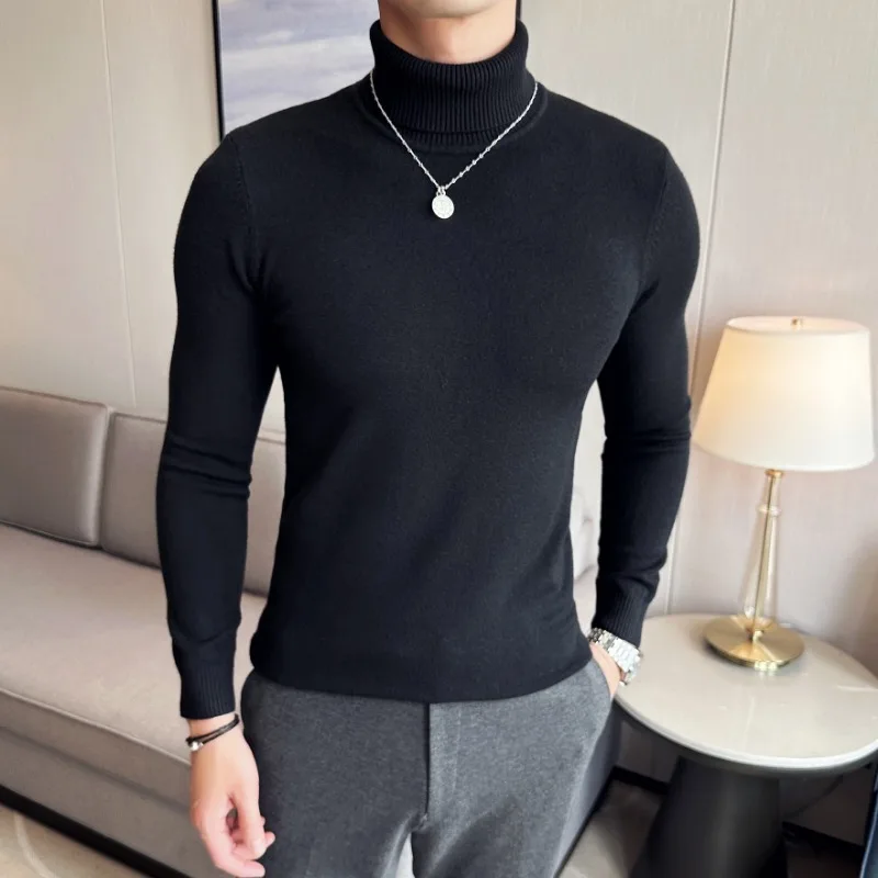 

Men's Autumn and Winter High Neck Knit Sweater Slim Fit Long Sleeve Pullover Solid Color Tops