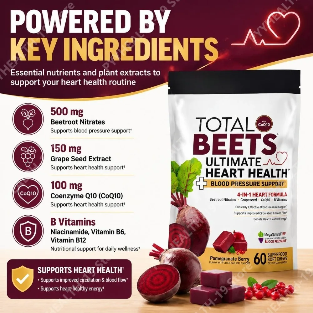 Total Beets Soft Chews with Beetroot Nitrates, Grape Seed & CoQ10 for Blood Pressure & Circulation Support Adults 60 Soft Chews