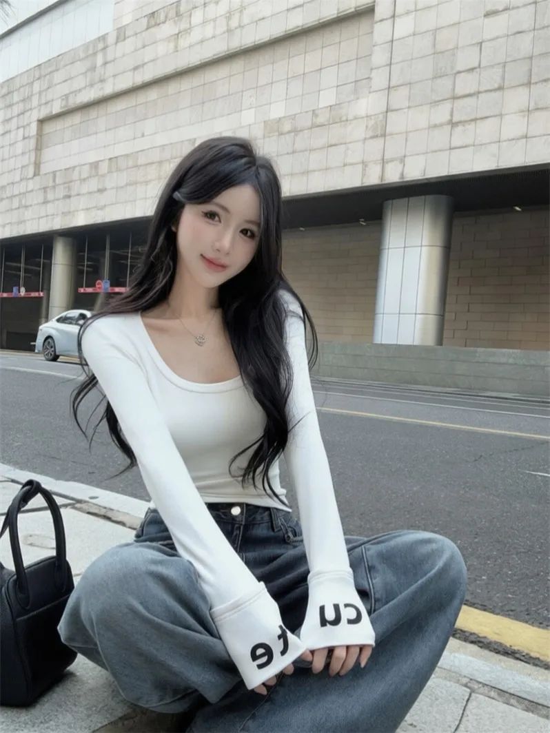 เสื้อยืดแขนยาวผู้หญิงลายพิมพ์ Ciwalk สีชมพู สไตล์ลำลอง ผ้าฝ้ายระบายอากาศ ทรงเข้ารูป ช่วยให้ดูผอมเพรียว