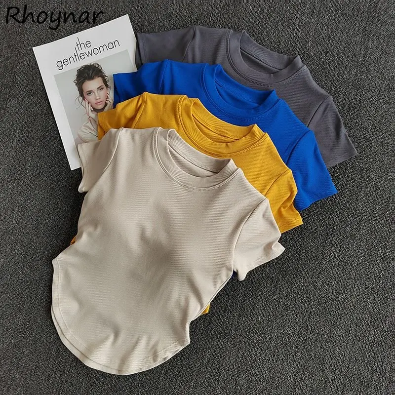 Short Sleeve T-shirts Women Summer Solid 6 Colors Slim Simple Casual Crop Tops All-match Sports Korean Style Fashion Chic New