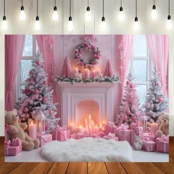 Pink Christmas fireplace photo background Multifunctional banner suitable for festive family portrait party decorations