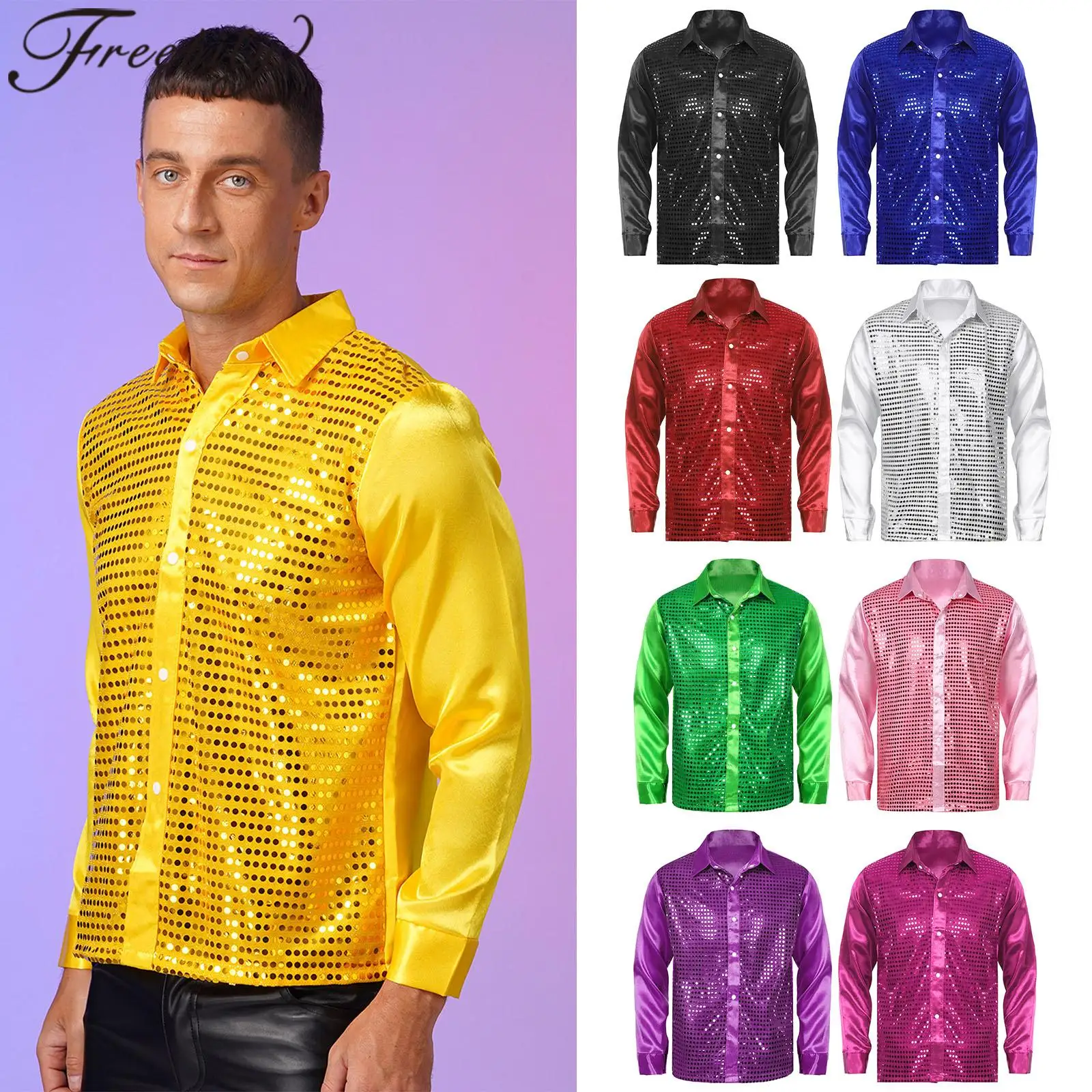 Men's Shirt Sequin Dance Long Sleeve Tops Sparkly Turn-Down Collar Latin Jazz Stage Performance Costume Dancewear Hiphop Clothes