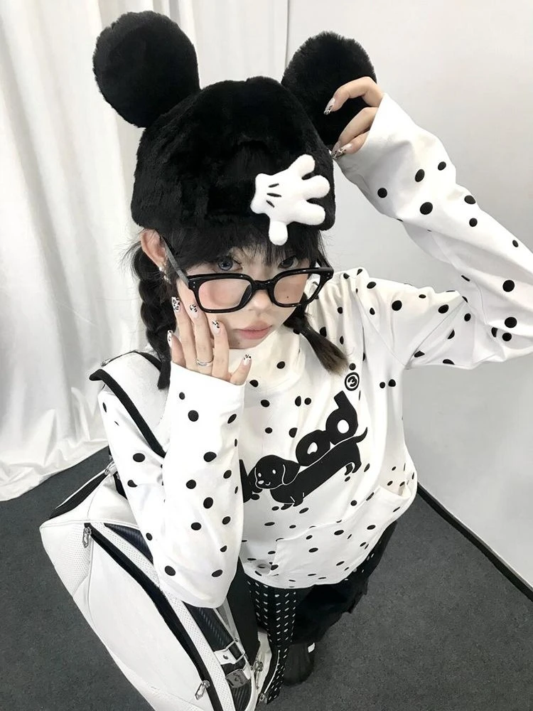 American Cute Polka Dot Slim Hooded Sausage Puppy Print Elegant Sweatshirt Women Autumn New Y2k Design Casual Slim Tops 2025 New