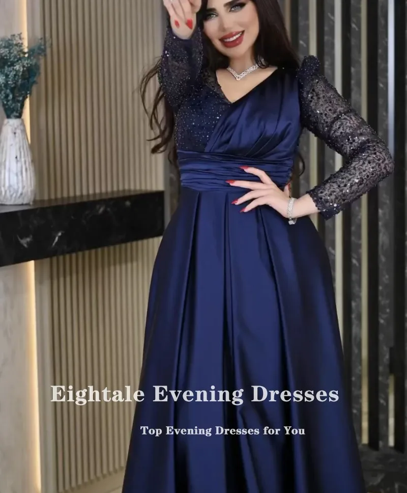 Eightale Luxury Evening Dresses V-Neck Navy Blue A-Line Sequined Long Sleeves Cutomized Prom Wedding Party Gown Robe De Soiree