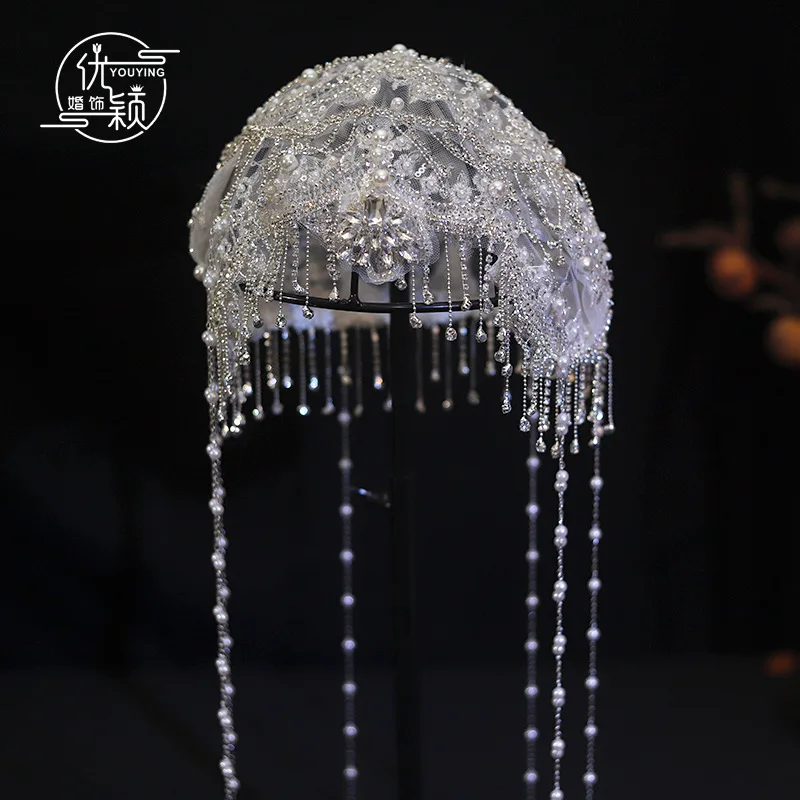 Bridal Headpiece Lace Beaded Hairwear Tassel Forehead Pendant Gauze Hat Embroidered Vintage Wedding Dress Accessories