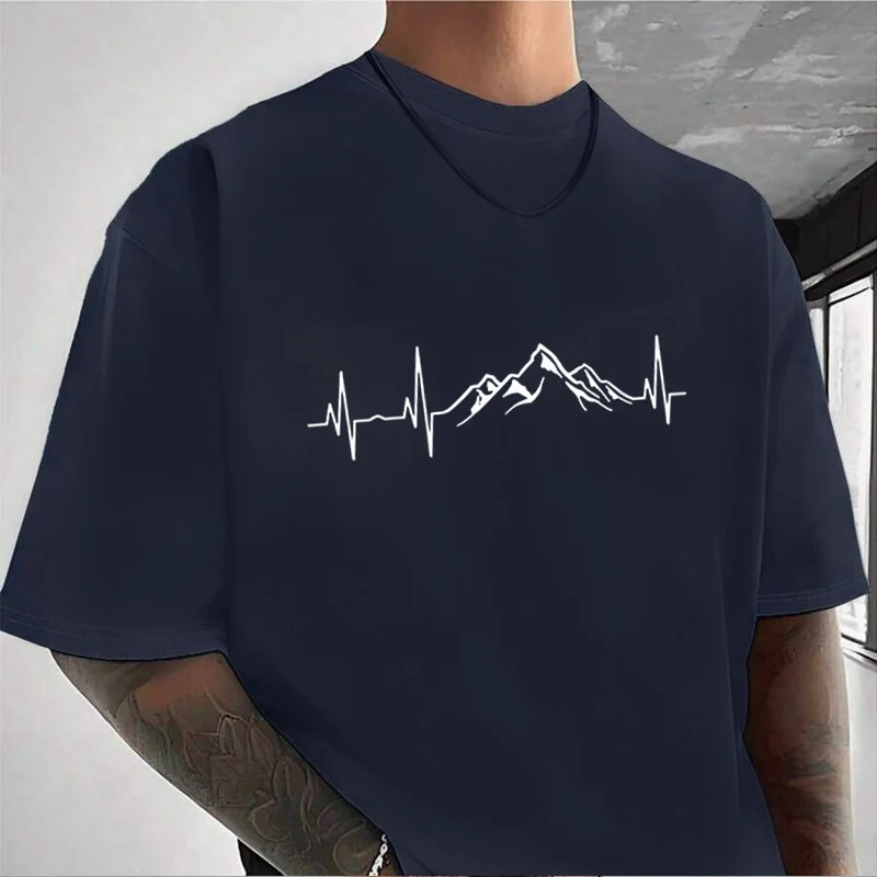 Cardiogram Mountains Trendy T-shirt Motorcycle Graphic Print Men's and Women's Tshirt Cotton Casual Short-sleeved O-neck T shirt