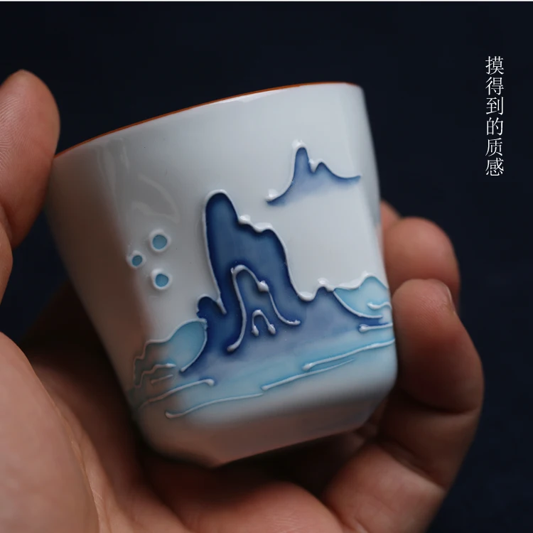 Tianyuan Local Pure Handmade Embossed Colored Painting Under Glaze Warm Hand Master Cup Chinese Household Tea Set Fine