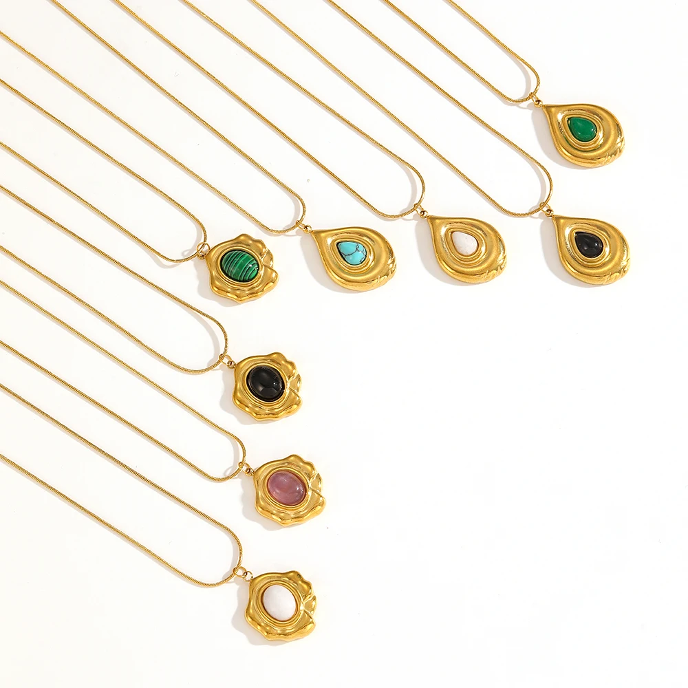 Modische Naturstein-Edelstahl-Anhänger-Halskette, vergoldet, französischer Retro-Schmuck für Damen – Detail 3