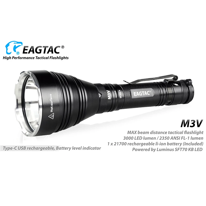 EAGTAC M3V Turbo Head LED Flashlight 3000Lumens Type-C USB Rechargeable 956 Yards Long Throw for Hunting SOS Strobe