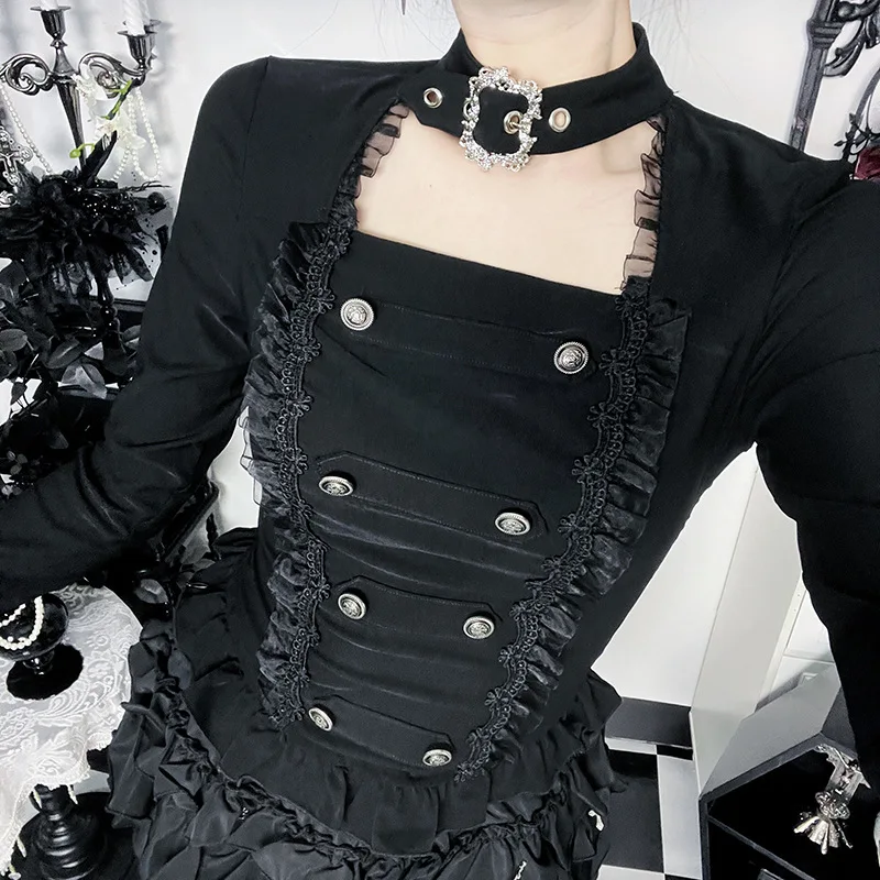 Goth Dark Subculture Lolita Mesh Trim Buckle Tops Mall Goth Punk Slim Long Sleeve Top Y2K 90s Pullover Alt T-shirts Halloween