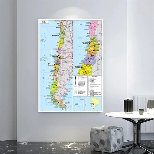 Imagen 2 del producto Póster grande de 150x225 cm para decoración del hogar, lienzo no tejido, para sala de estar, suministros escolares, mapa política de Chile (en francés)