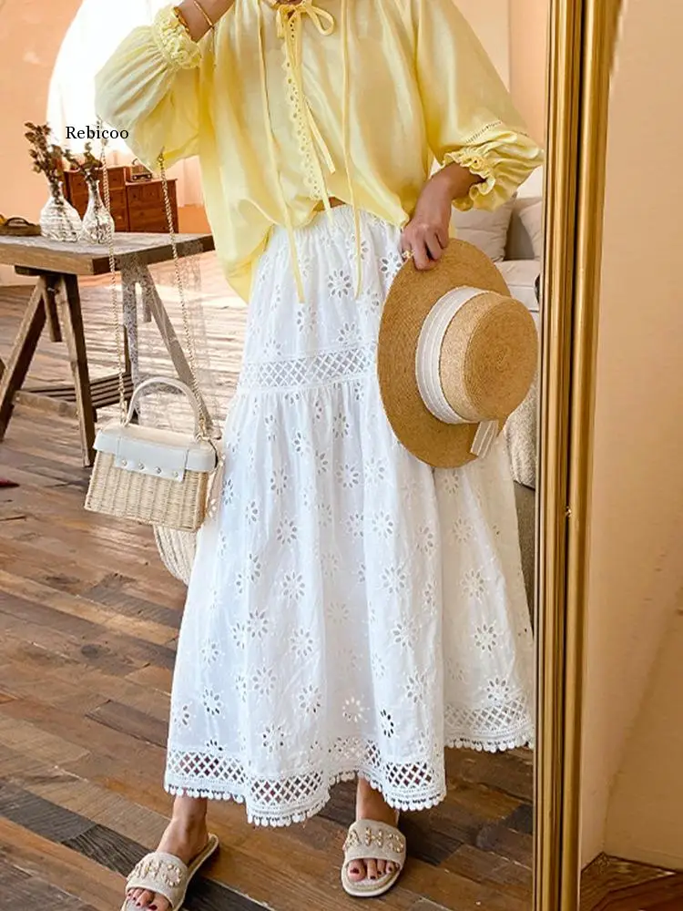 2023 Summer Fashion Boho White Lace Hollow Out Maxi Long Skirt Women High Waist A Line Pleated Skirt Female